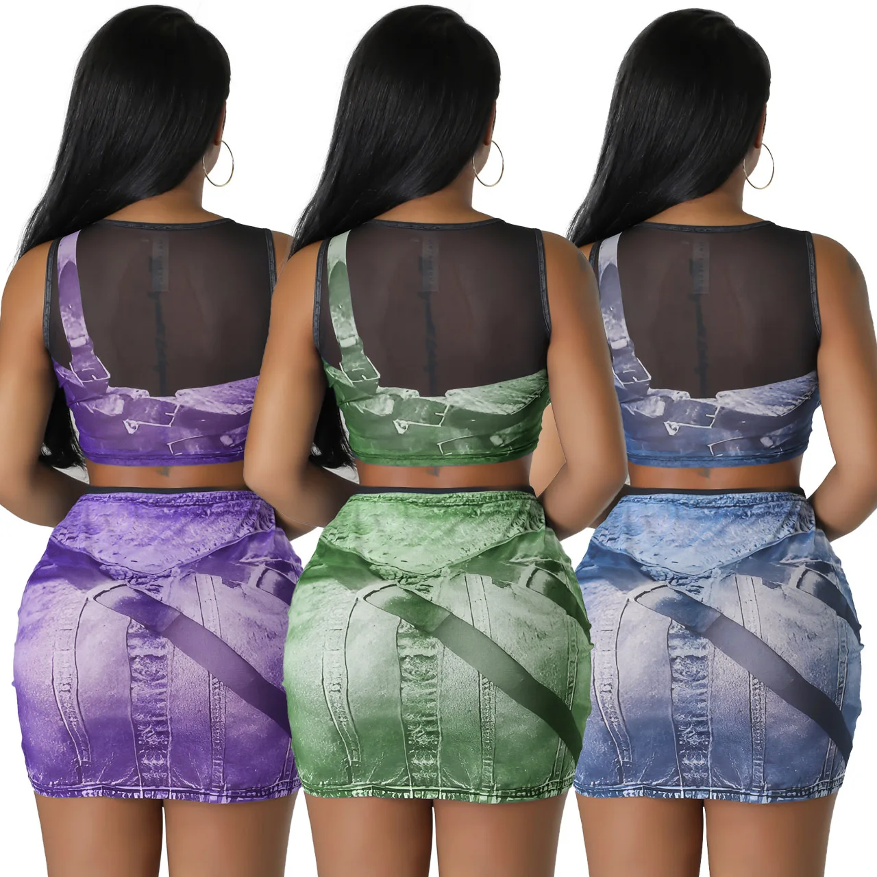 Summer hot sale 2 piece set women skirt and top sexy bodycon mesh see through casual party club wear