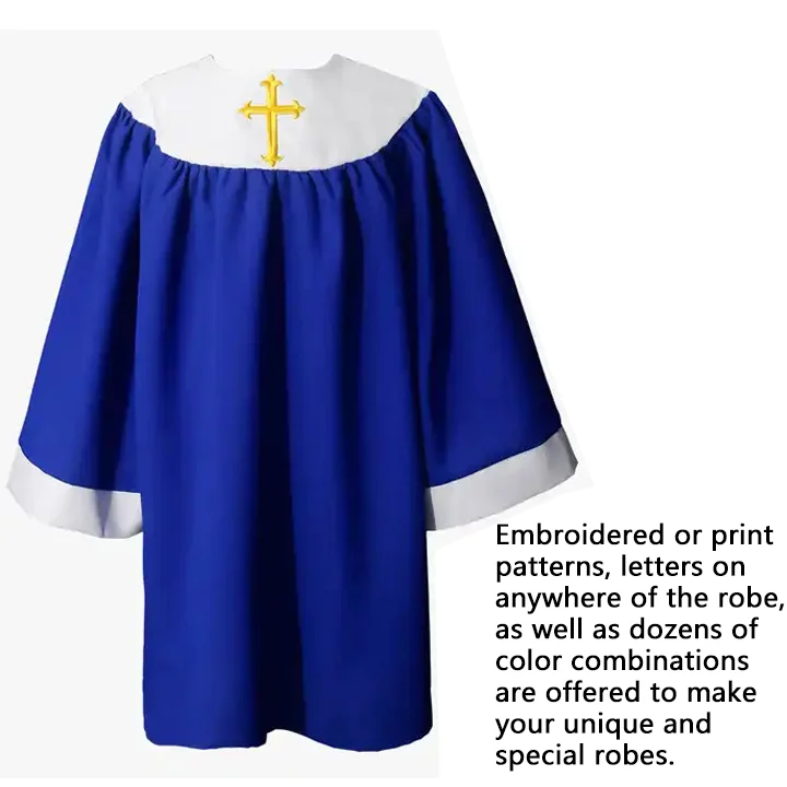 Custom Lark Rounded Yoke Church Children Graduation Choir Robes Gown with Gold Cross Logo 100% Polyester Matte Fabric manufacture