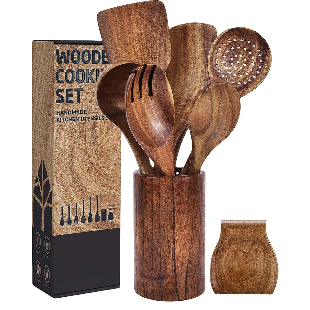 High Quality Natural Teak Acacia Kitchen Accessories Cooking Tools Wooden Kitchen Utensils Cookware Wood Utensil Set For Home