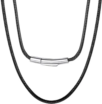 Braided Black Leather Cord Rope Chain Necklace with Stainless Steel Lobster Clasp