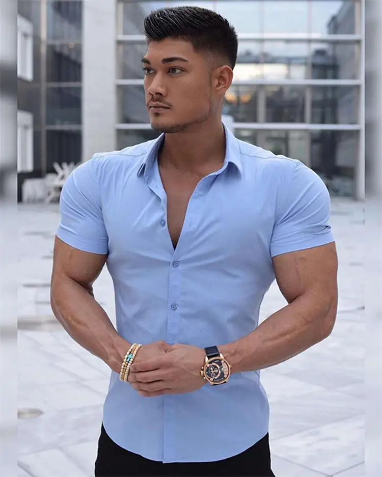 Muscular Men Stretch Shirt Stand Collar Short Sleeve Breathable Sports Cardigan Fitness Clothes