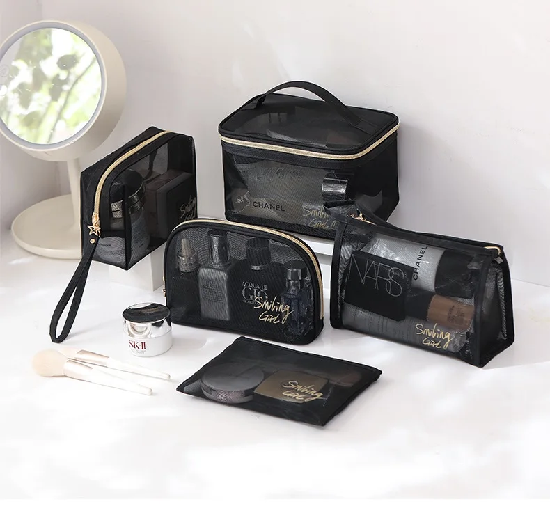 Black Mesh Women's Cosmetic Bag Transparent Travel Brushes Organizer