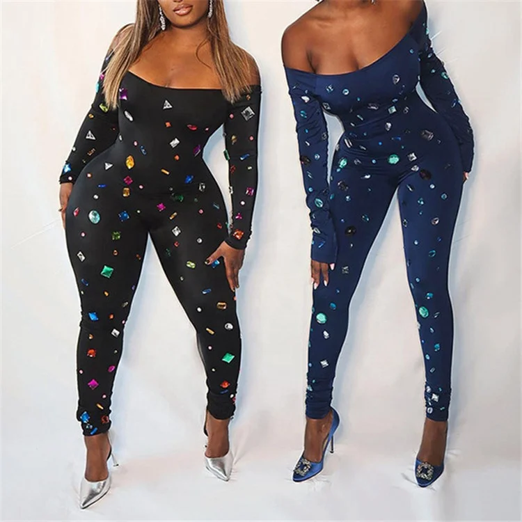 Diamond Printing Bodycon Jumpsuit Night Club For Women 2024 Spring Off Shoulder Romper