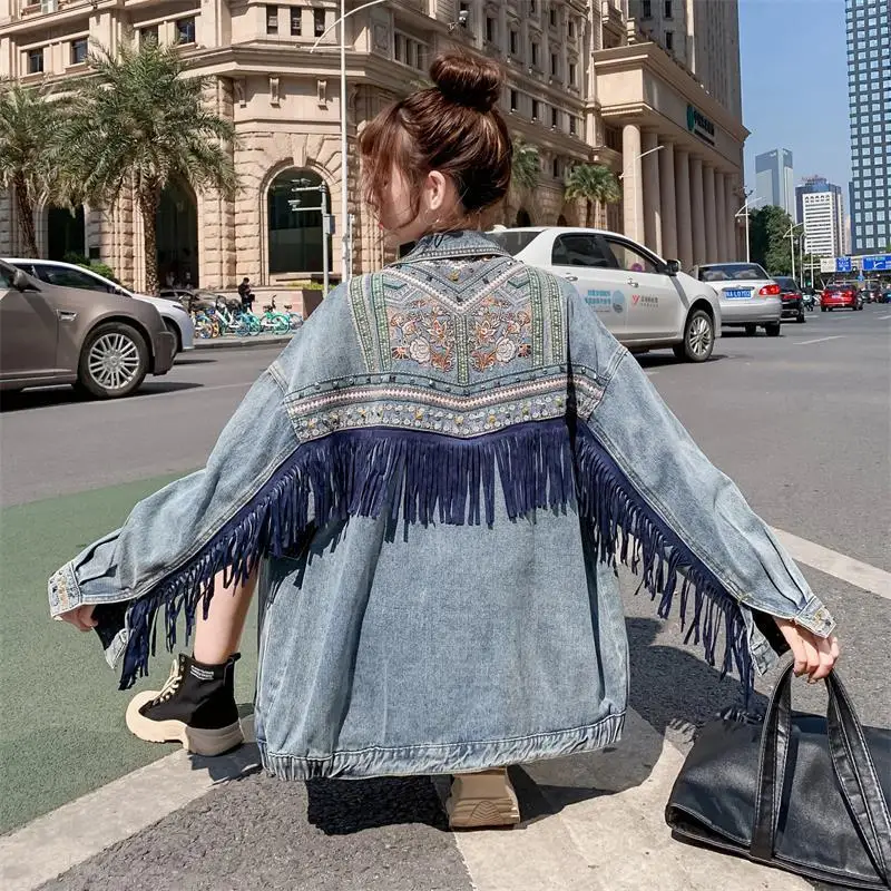 Women's Plus-Size Long-Sleeve Vintage Loose Fit Denim Jacket with Fringe Quick Dry European & American Style supplier