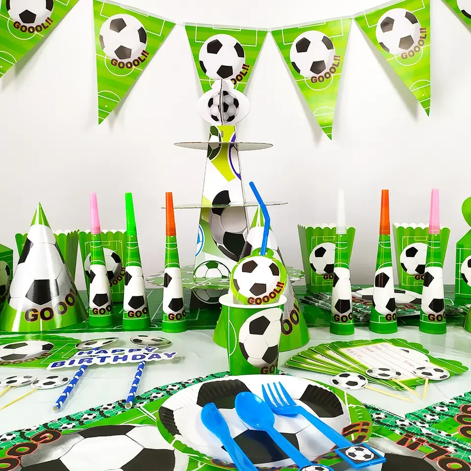 Serve 10 People Set Football Theme Kids Birthday Party Decorative Banner Disposable Paper Tableware Set