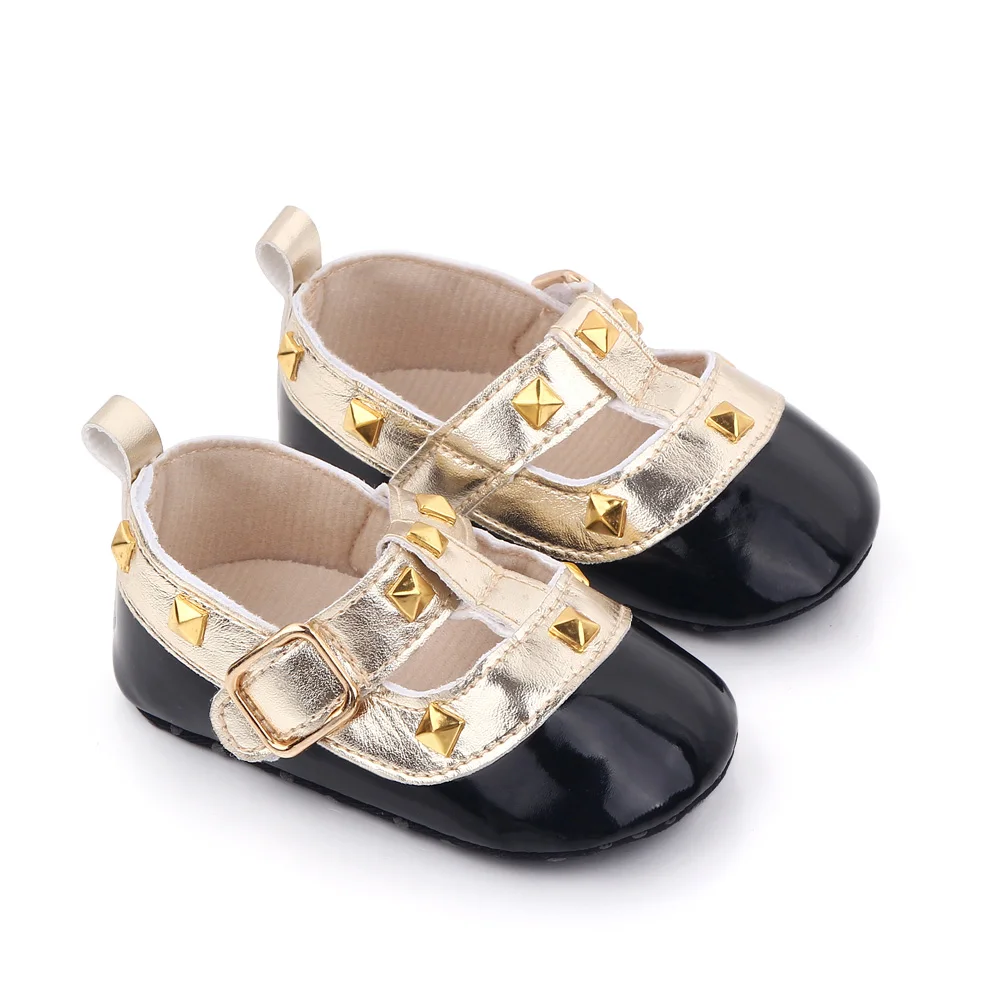 Bright Spliced Geometric Metal Decorated Baby Girls Pretty Princess Walking Shoes manufacture