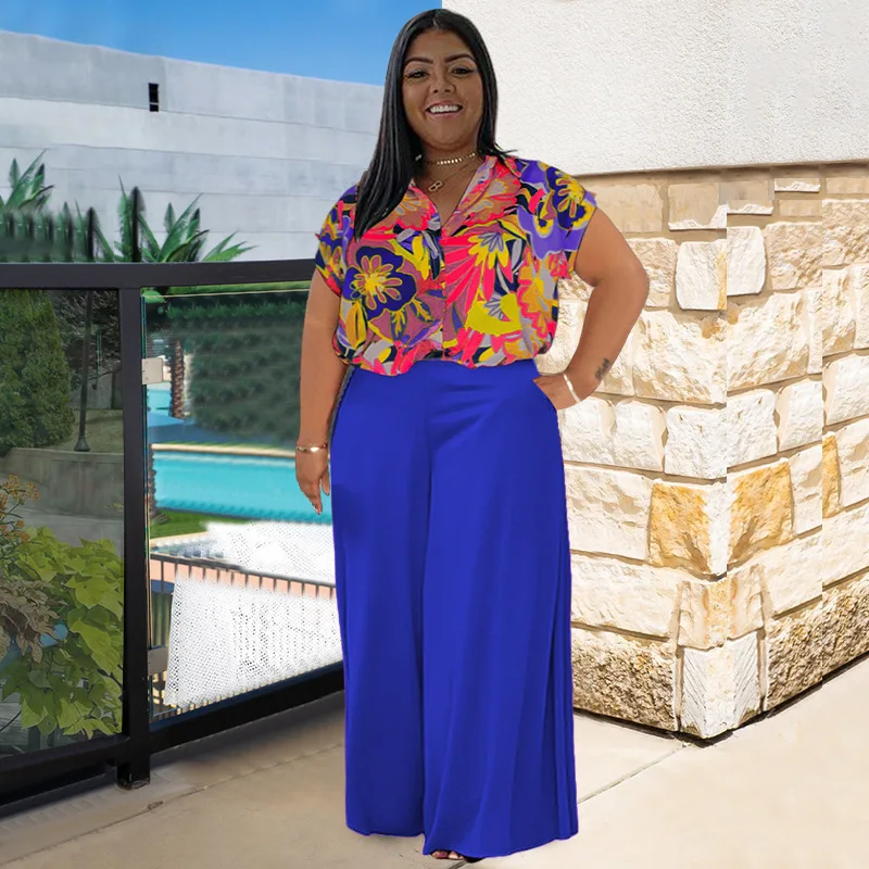 new women plus size 2 piece set clothing up to 5xl floral print short sleeved top pants sets for women two pieces