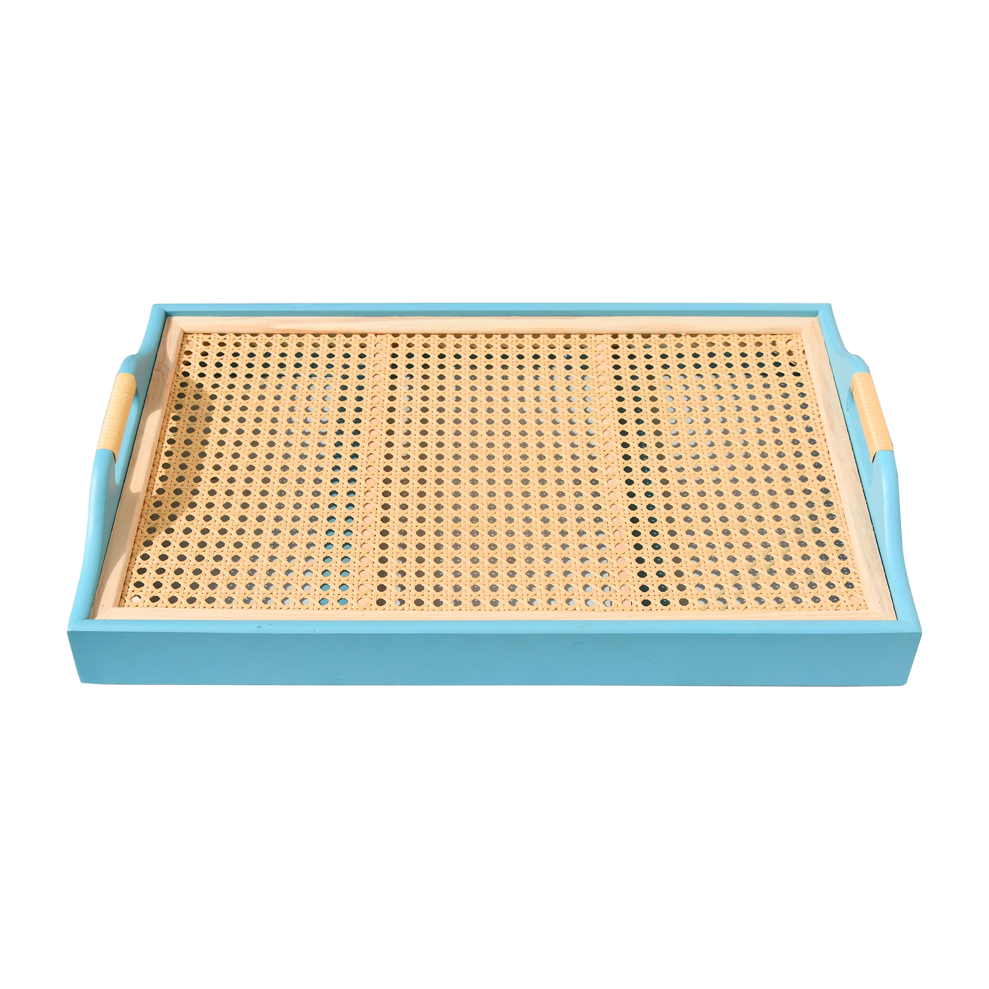 Wholesale Bamboo Blue Decorative Tray Ottoman Tray Serving Tray with Imitated Rattan for Coffee, Breakfast