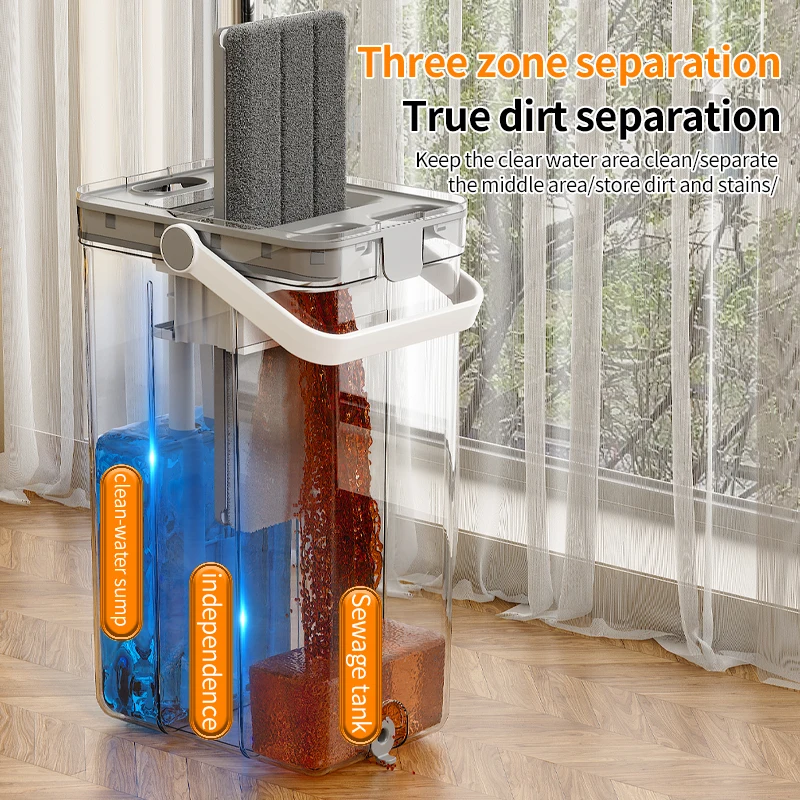 Smart Mops New Flat Mop Bucket with Clean and Dirty Water Separated, 3 Chamber Buckets, 2025 New Hot Delling Household Items
