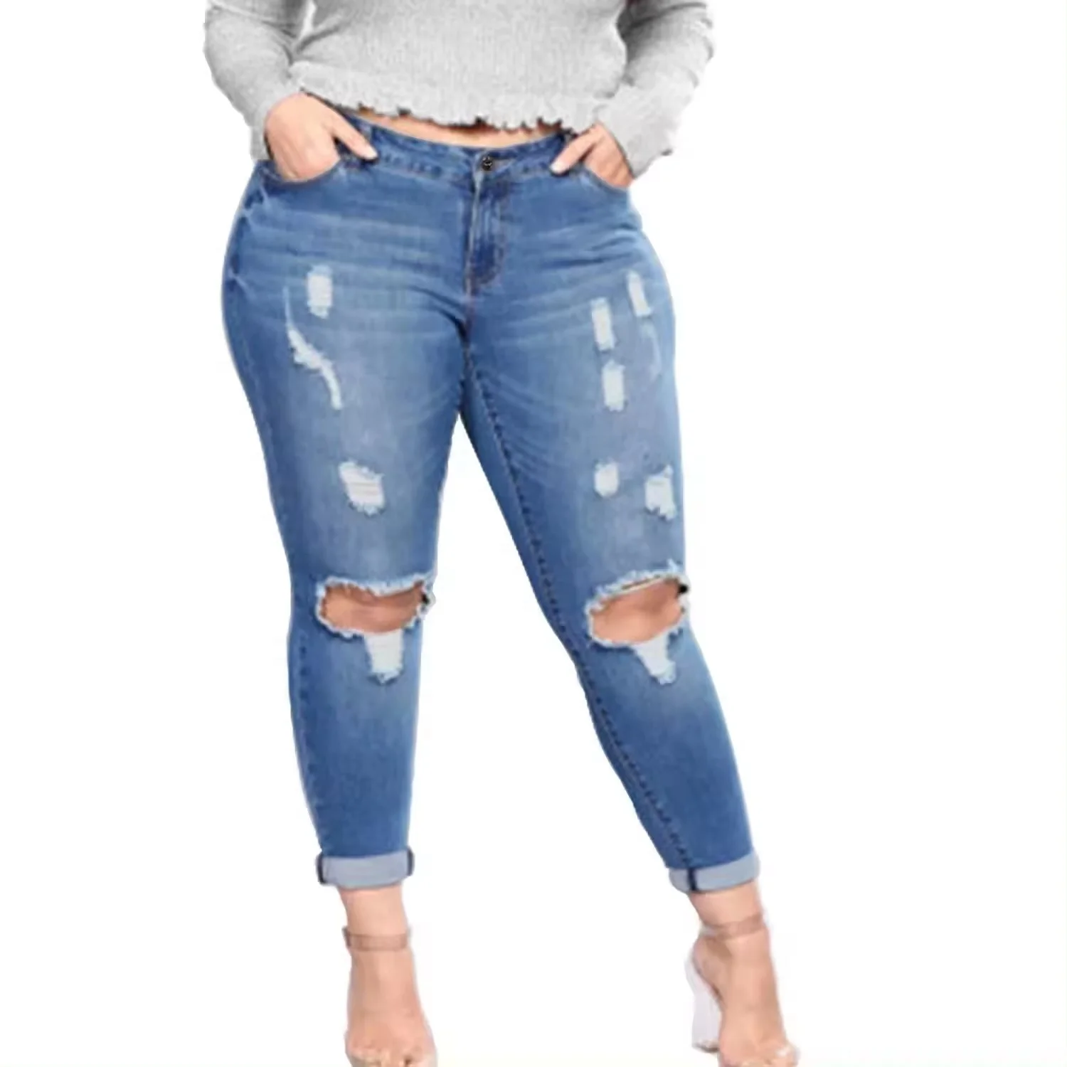 Women's high-waisted skinny pencil jeans Women's ripped jeans washed denim Stretch slim denim pencil pants