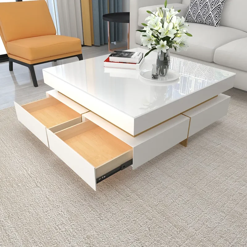 White modern square coffee table with drawers tempered glass top and metal legs with storage space