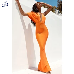 2022 Latest Lady With Black/orange  Elegant Asymmetrical Short Sleeve V Neck Backless Dresses Women Party Long Evening Dress