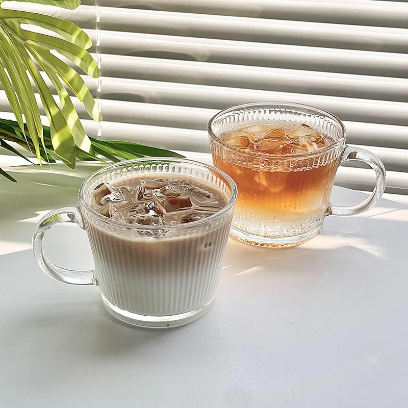 Milk Latte Cup Vertical Pattern Heat Resistant Cup Transparent Glass Coffee Mug Cup With Handle