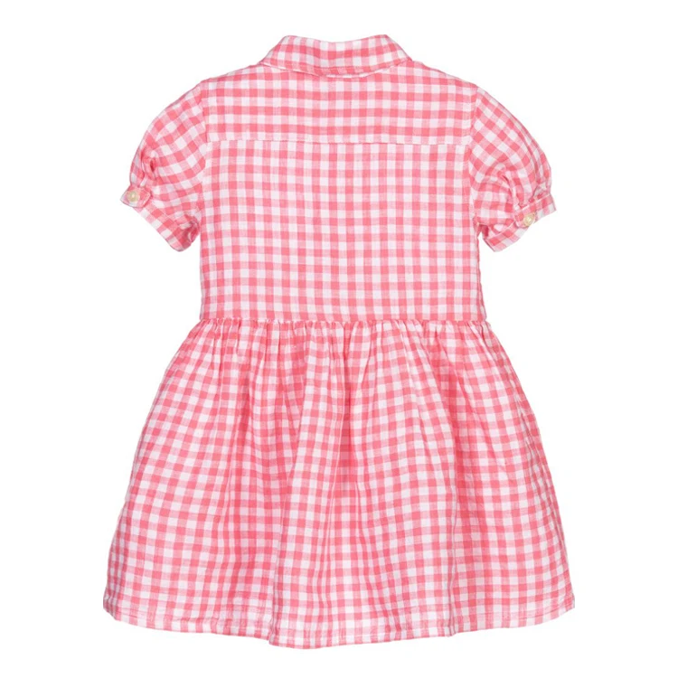 OEM & ODM service breathable daily wear puff sleeve summer fashion children casual dress pink grid cotton baby girls dresses