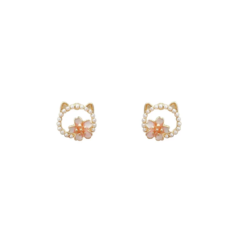 Flower Pearl Kitten earrings 2022 new fashion niche design sense earrings light luxury delicate high quality earrings female