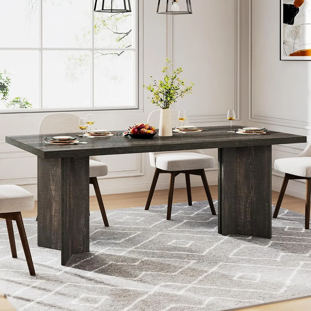 Modern Rustic Rectangle Dining Table Wood & Metal Construction Iron Legs 6-8 Person Durable Home Dining Furniture details