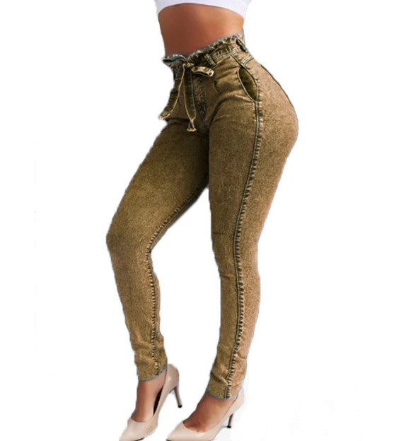 Women's High Waist Slim Stretch Denim Jeans Streetwear Bodycon Tassel Belt Bandage Skinny Push-up Style Button Hole Decoration manufacture