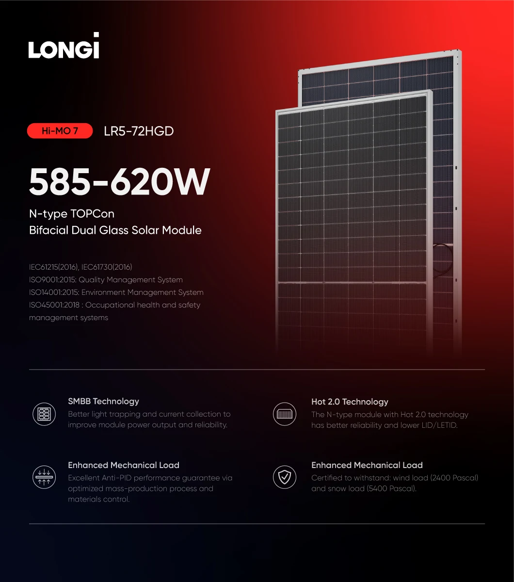 Longi Solar Panel Hi Mo 7 Lr7 72hgd 585w 590w 595w 600w N Type Hpdc