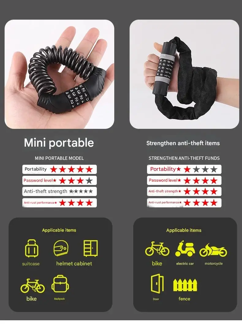 Portable Password Lock for Bicycles Motorcycles Electric Vehicles Mini Chain Lock Cycling Equipment Anti-Theft Accessory