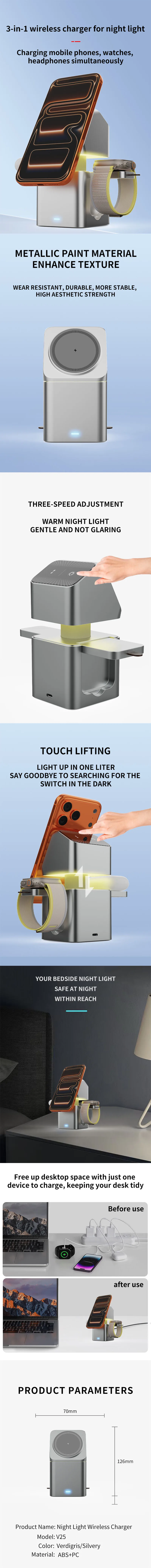 15W Fast Charging 3-in-1 Magnetic Wireless Charger, Foldable Magnetic Wireless Charging Stand with Night Light Touch Control V25