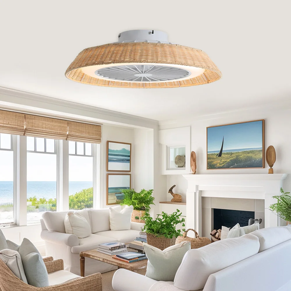 stylish design 18 Inch Rattan Caged Smart Tuya APP Control Ventilador De Techo Modern LED Ceiling Fan With Light and Remote 1