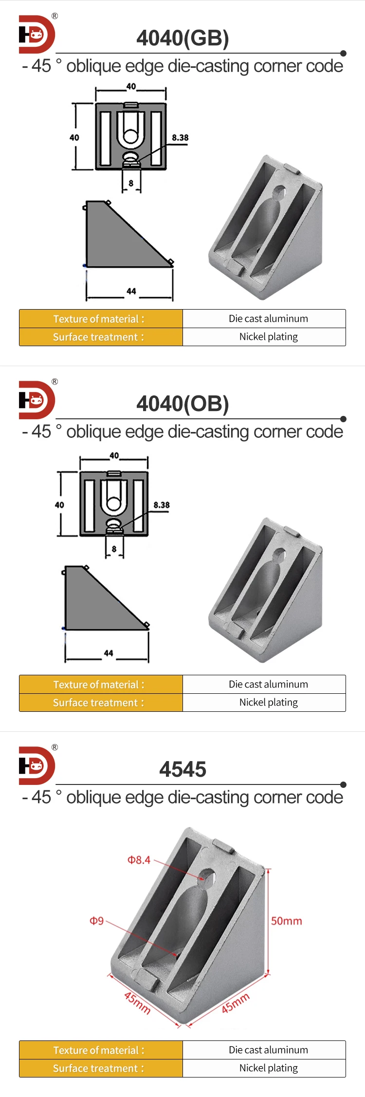 Industrial Aluminum Profile Accessories Corner Code 4040/45 Degree Beveled Edge Connector Fasteners details