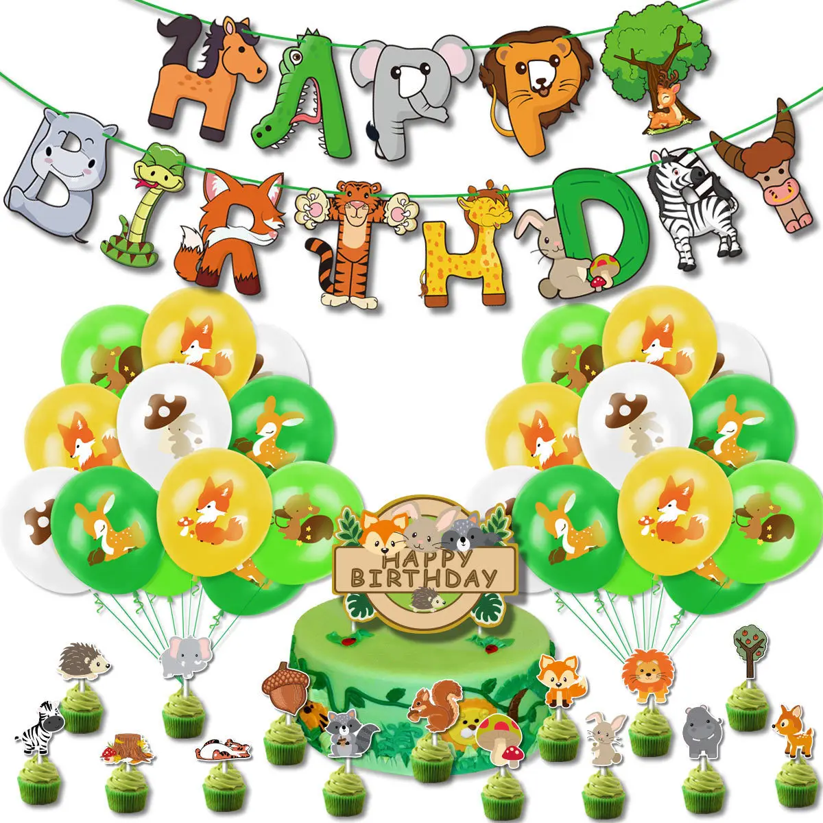 Animal Fox Greenery Jungle Safari Theme Balloons Cupcake Topper Birthday Party Decorations Supplies