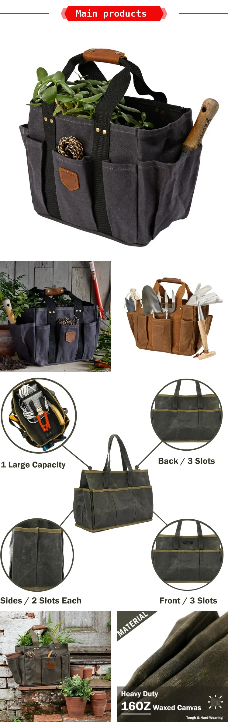Premium Heavy Duty 16oz Waxed Canvas Gardening Supplies Carrying Tote Portable Garden Tool Sets
