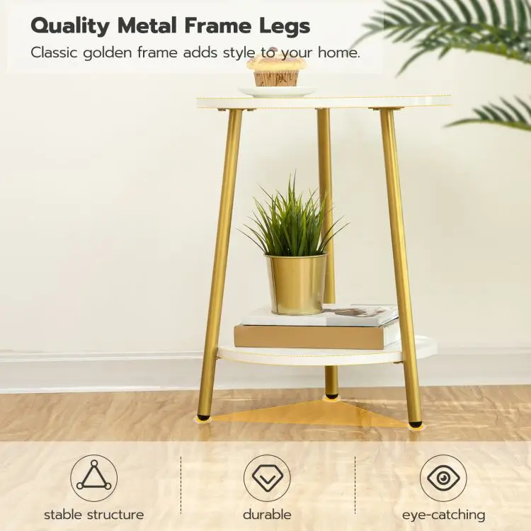 Wholesale White Gold Round Side Tables Modern Style Wood End Lamp Table Accent Snack Tables with Metal Frame for Living Room