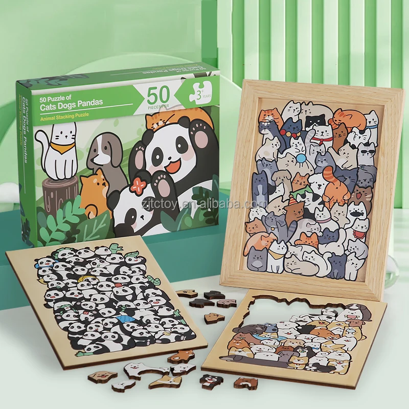 Kustom 3 In 1 Hewan Puzzle Kayu Mainan Jigsaw Panda Kucing Anjing Puzzle Pendidikan untuk Anak Laki-laki Perempuan Hadiah Dekorasi Natal Detail