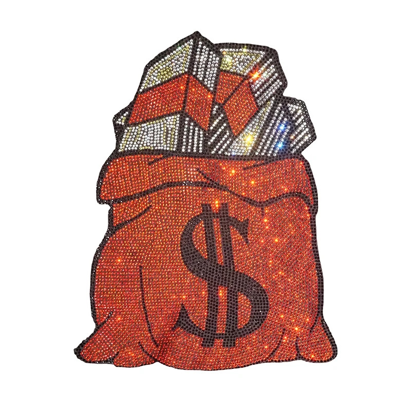 Red Bag Dollar Rhinestone Design heat transfer bling patch iron on rhinestone t shirt printing