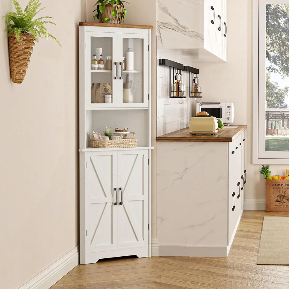 67''H Tall Corner Cabinet with 4 Tempered Glass Doors Farmhouse Storage Cabinet 5 Adjustable Shelves Home Pantry Hutch Kitchen supplier