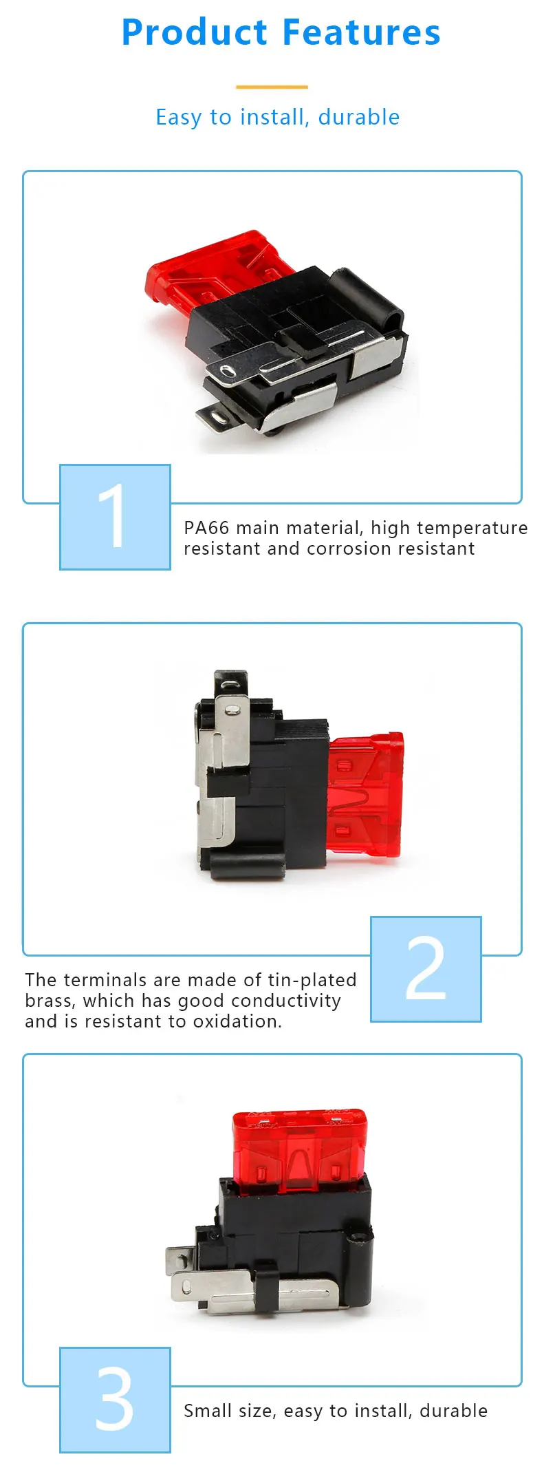 PA66 Brass Terminal Standard Blade Fuse Holder with PCB Mounting for Automotive Applications