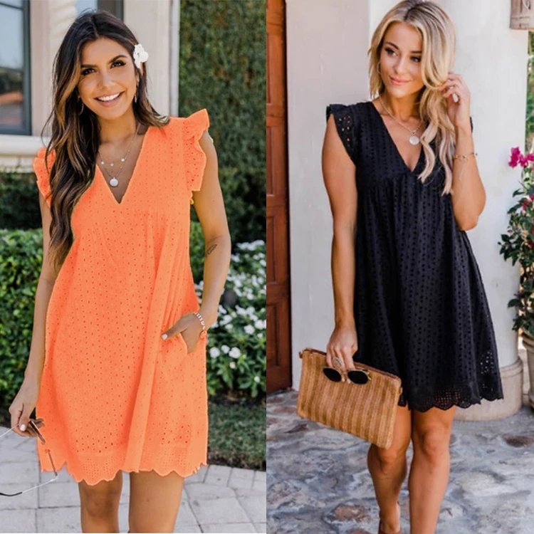 New Solid Women's Lace Jacquard Hollow V Neck Loose A Line Mini Casual  Women Beach Dress With Pockets - Buy Beach Dress,Mini Dress,Women Dress  Product on Alibaba.com