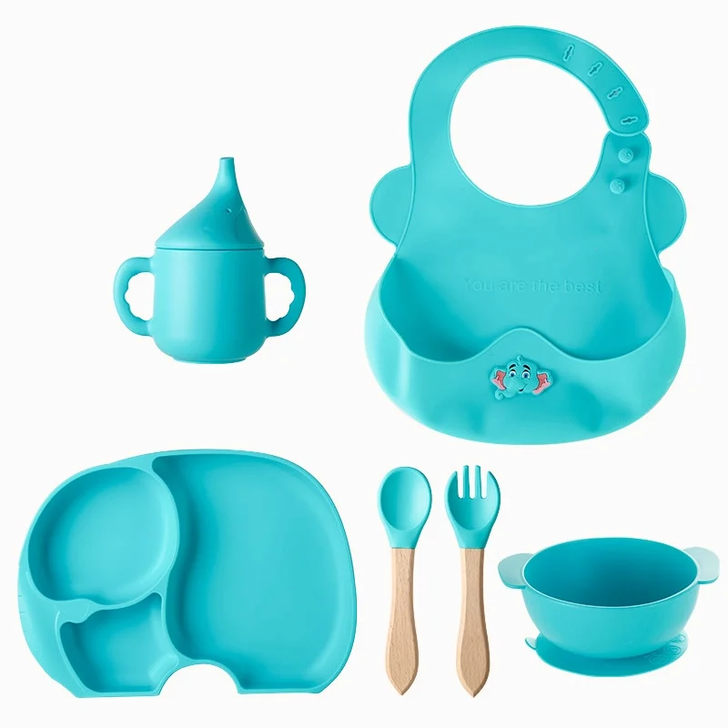 Wholesale BPA Free Food Grade Silicone Baby Plate Tableware Suction Bowl Cups Bibs Spoon Forks Baby Feeding Supplies Sets factory