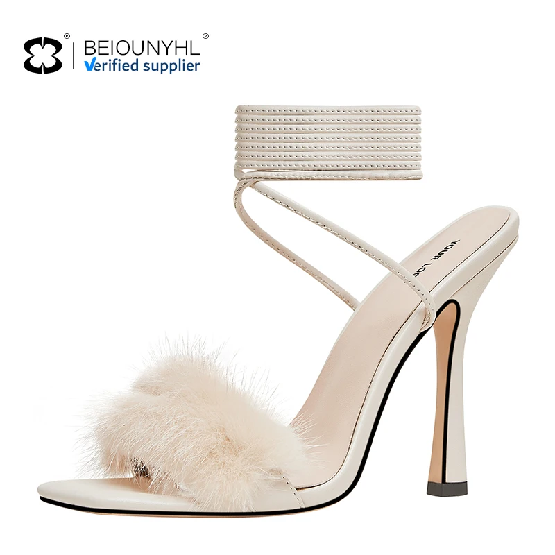 2024 New Style Feather Women's Female Club Party High Heels Sandals Square Toe Ankle Cross-tied Strange High Heel Sandals Shoes