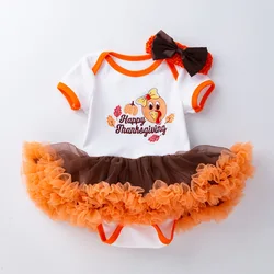 Wholesale Embroidered Cartoon Turkey Hiking Suit Fluffy Skirt With Bowknot Set For Thanksgiving Baby Clothing Sets