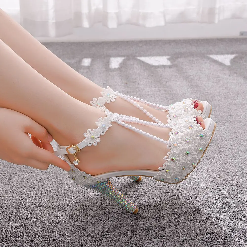 Fashion Fish Mouth One Strap Thick Heels Wedding Shoes with Beads