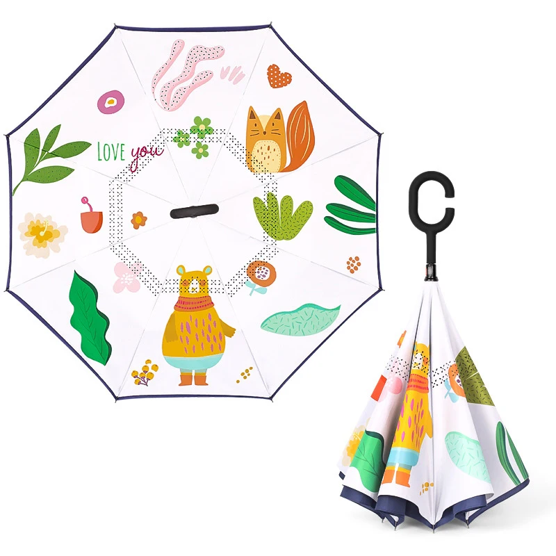 ZD072 Double Layer Hands Free Inverted Umbrella Kids UV Sun Car Umbrella C Type Handle Kids Reverse Open Folding Umbrellas