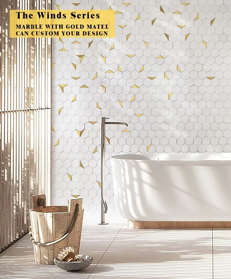 luxury hexagon mosaic bathroom tile kitchen backsplash thassos white stone gold metal copper brass waterjet marble mosaic tile