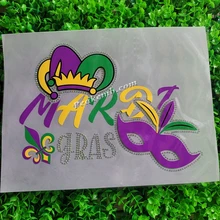 Wholesale Iron On Mardi Gras Printing Vinyl Heat Rhinestone Hotfix Transfer Only For Holiday T shirt