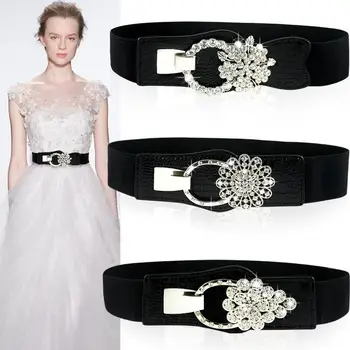 7 Styles Shiny Flower-Shape Studded Diamonds 5CM Width Black Elastic Crystal Belt For Woman