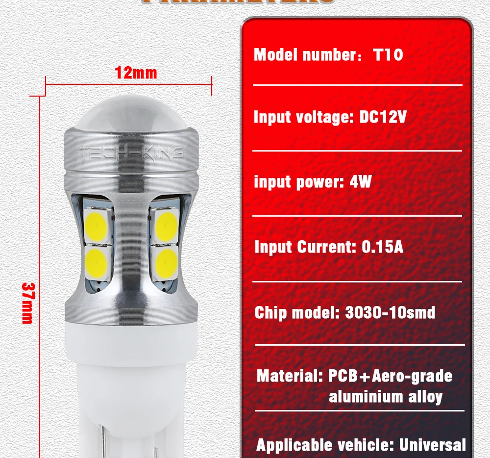 TECH-KING Auto Super bright LED White 3030 chip 10SMD 168 W5W with lens width light 12V 2W license plate light T10 decoded bulb