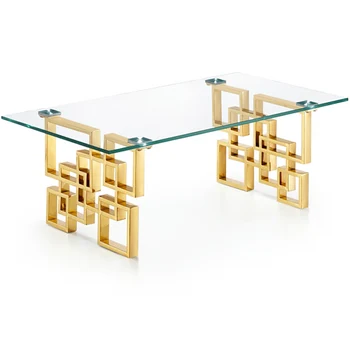 Modern Factory Luxury Vintage Gold Brushed Top Glass Center Living Room Furniture Cafe Coffee Table
