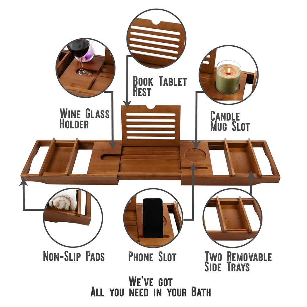 product wholesale bamboo bathtub tray with wine glass phone holder bath tray soap tray extendable up to 105 centimeters bathroom set-7
