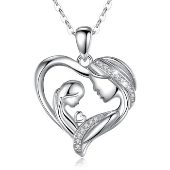 Family heart crystal mother and child necklace jewelry sterling silver pendant