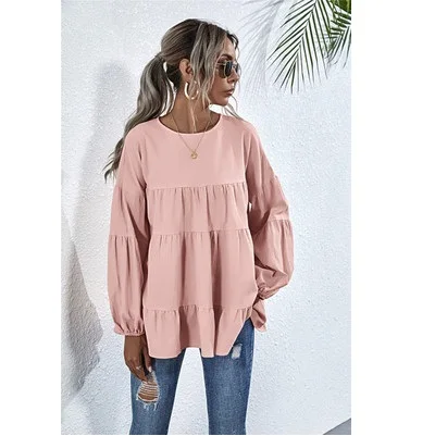 Hot Sale Solid Ruffed Tops Women Loose 