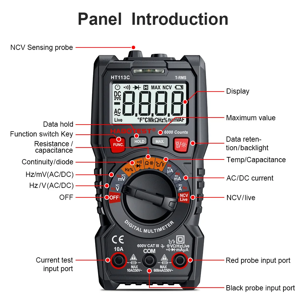 Habotest HT113C Digital Multimeter with Safety Rating CAT III 600V ABS Material and Low Battery Indicator