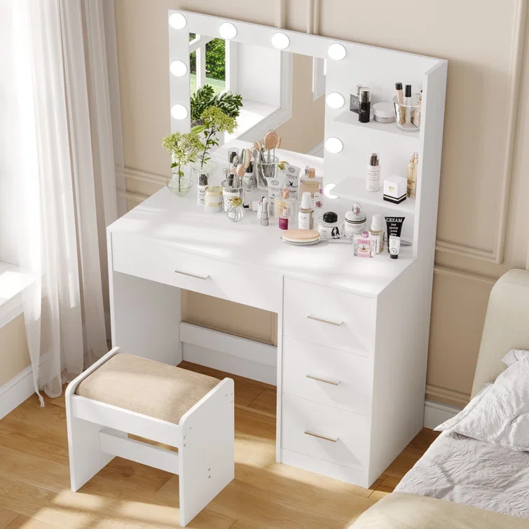 Modern beautiful makeup dressing table with lighted mirror and 4 drawers Luxury style wooden vanity table with Storage Shelf