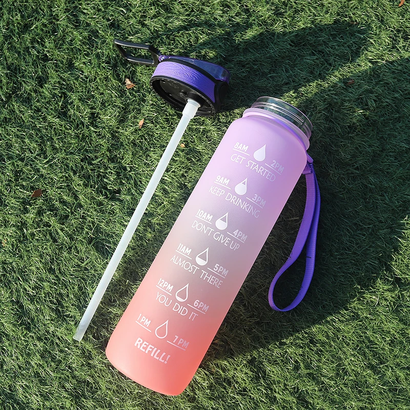 1L tritan gradient color water BPA free sports motivational water bottle with straw plastic bottle with custom logo